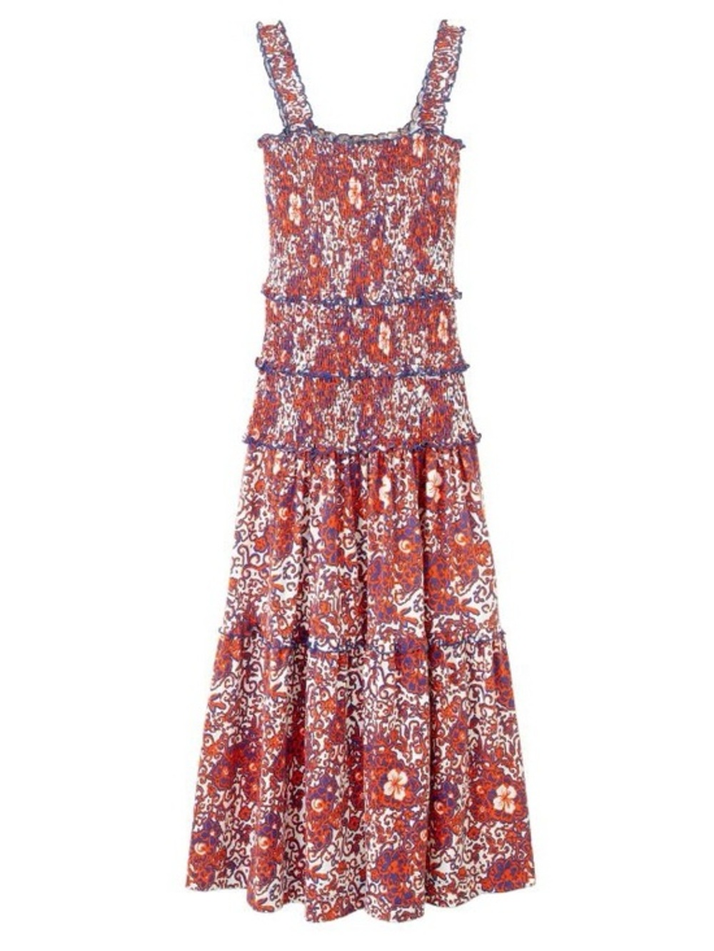 ME+EM Floral Smocked Tiered Midi Dress in Red and Purple